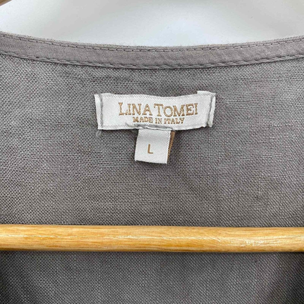 Lina Tomei Shift Dress Womens Large Gray Gemstone Collar Linen Ribbed Sides HOLE - Picture 9 of 9